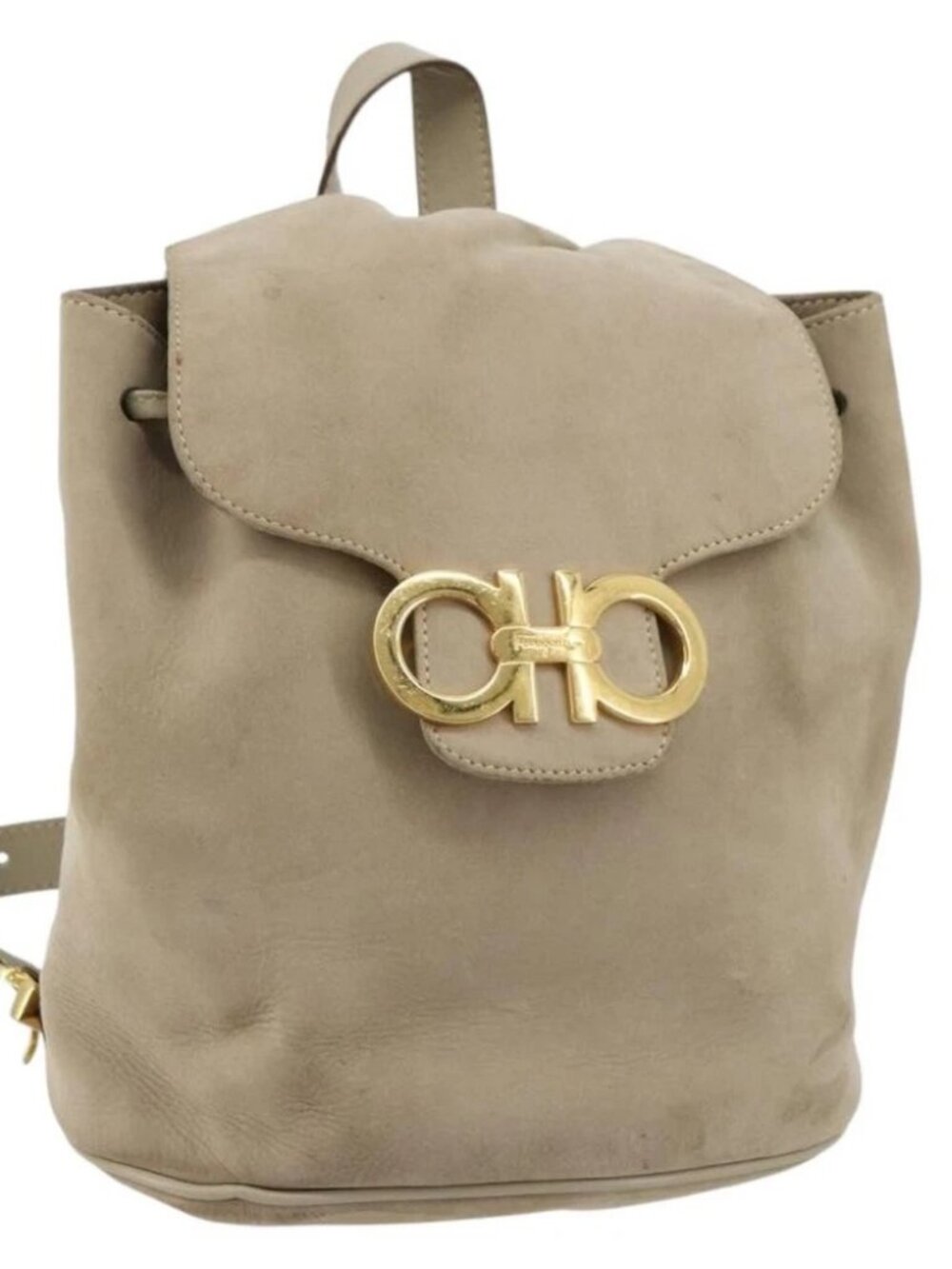 Salvatore Ferragamo Gancini Backpack Suede Gray Gold Auth 179844